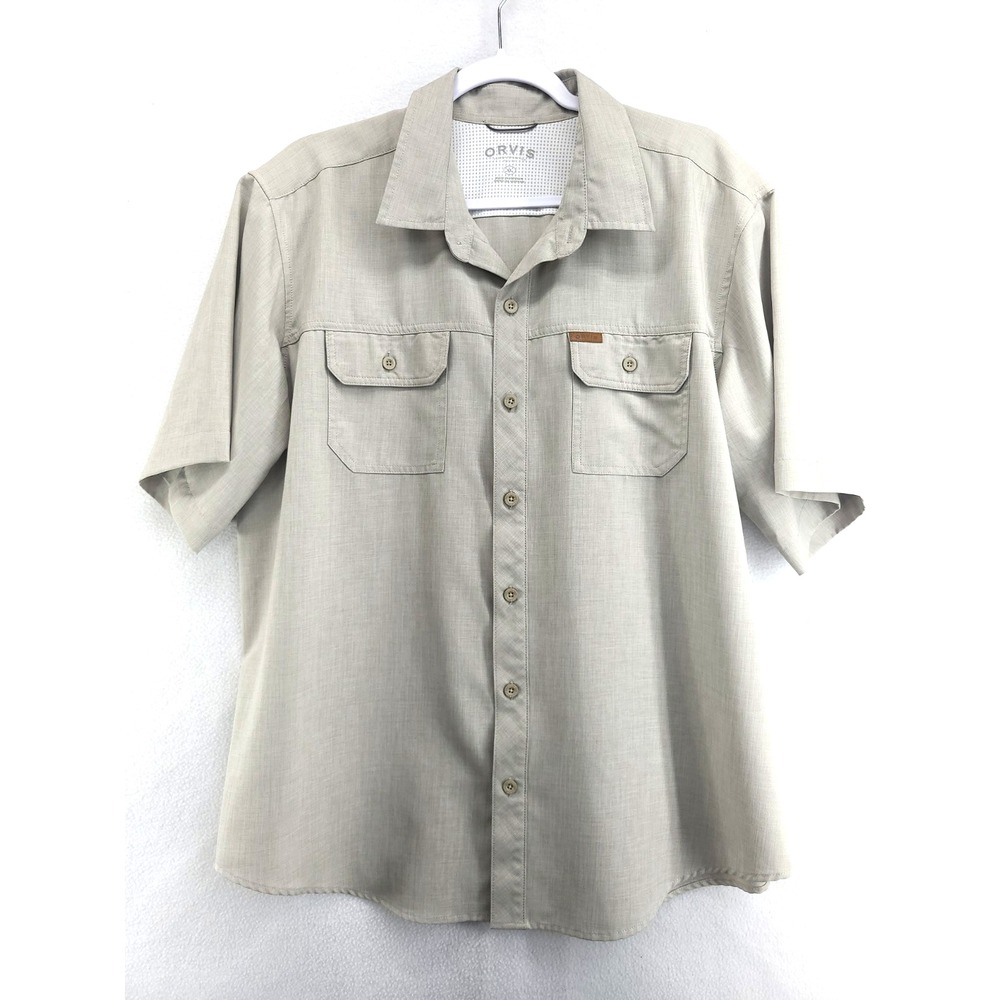 Orvis Mens XL Short Sleeve Button Up Tech Shirt Beige Hiking Fishing Sunglasses